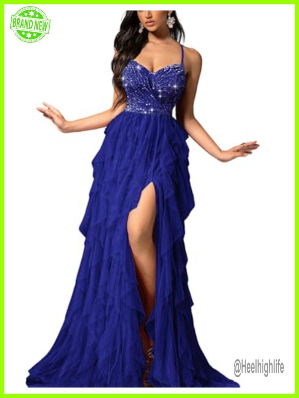 A-Line Split Long Formal Evening Gown Sequined High Waist Lace-Up Back